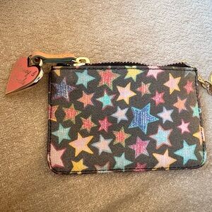 Dooney & Bourke Black Multicolor Star Zip Card Wallet with Gold Heart Charm